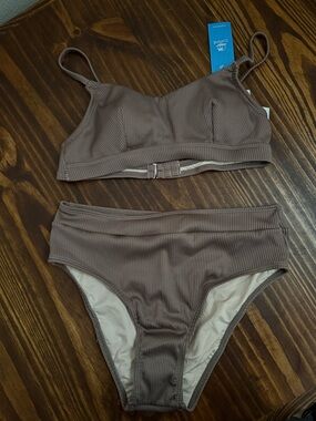 Cupshe Ribbed Two-Piece Bikini Set in Taupe Brown